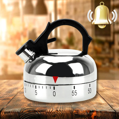 Cute kettle-shaped 60-minute kitchen timer for cooking reminders and countdowns.
