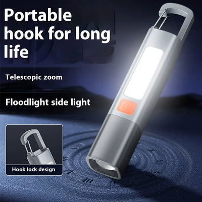 USB rechargeable ABS flashlight with COB side lamp and telescopic focus.