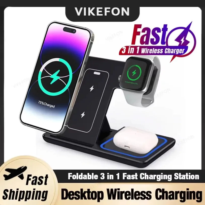 3 in 1 Desktop Wireless Charger Foldable Fast Phone Charge Station For iPhone 16 15 14 13 12 Apple Watch 10/9/8/7/6 AirPods 3/2