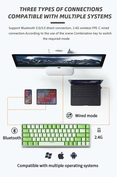 Hot-swappable wireless gaming keyboard with customizable RGB effects.