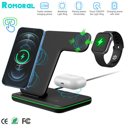3 in 1 Multifunctional Wireless Charger Stand For iPhone 14 13 Pro Max Airpods AppleWatch Charger Dock 15W Fast Charging Station