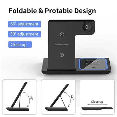 Desktop 3 In 1 Wireless Charger Stand Pad Foldable Phone Fast Charging Station Holder For iPhone 16 15 14 Pro Max iWatch Airpods