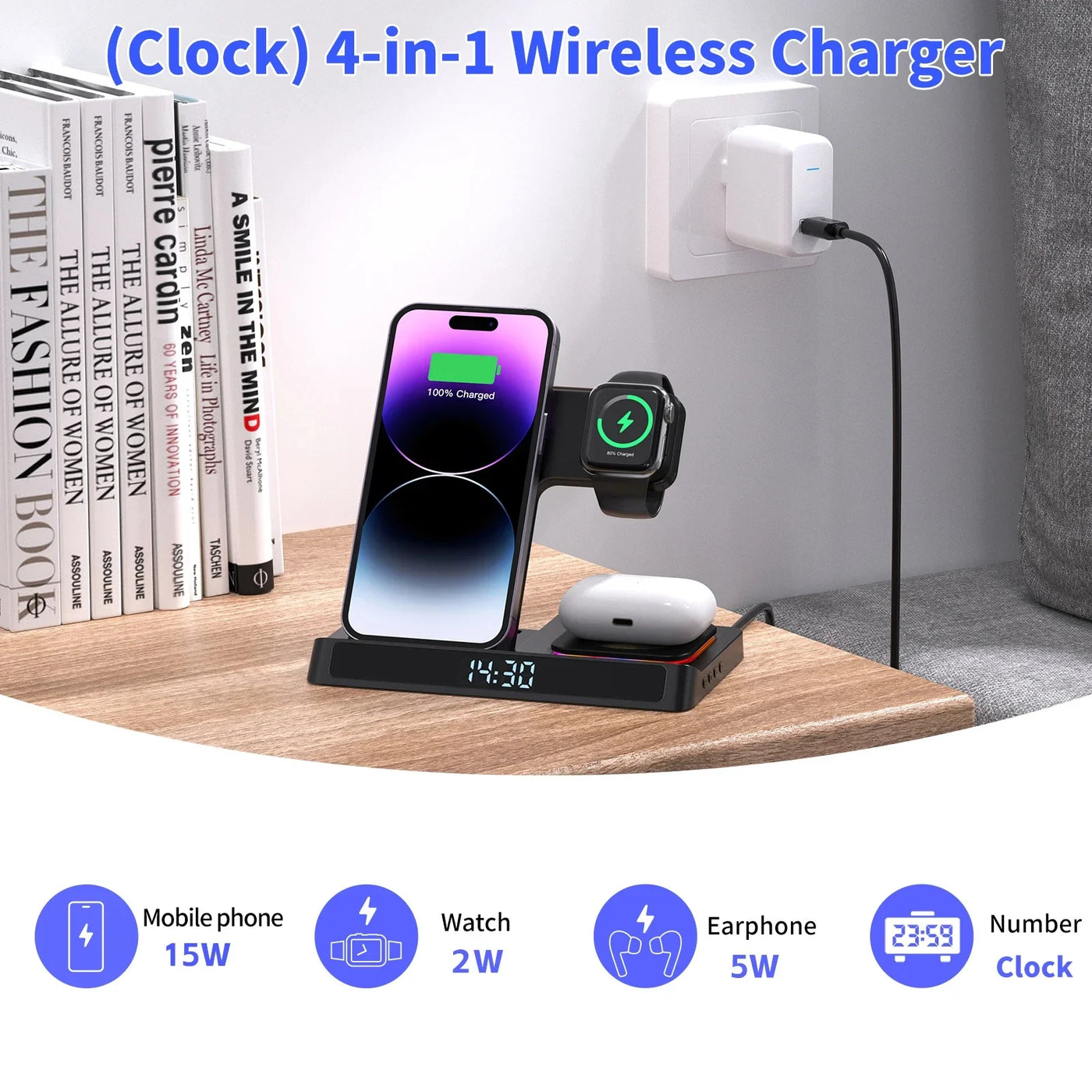 4 in 1 Foldable Wireless Charger Stand For IPhone 15 14 13 12 for Apple Watch 9 8 Airpods Pro iWatch Fast Charging Dock Station