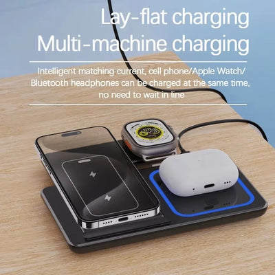 3 in 1 Desktop Wireless Charger Foldable Fast Phone Charge Station For iPhone 16 15 14 13 12 Apple Watch 10/9/8/7/6 AirPods 3/2