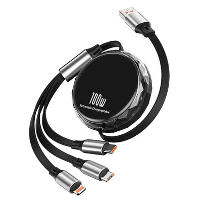 Retractable 100W fast charging cable for USB-C, Android, and Type-C devices.