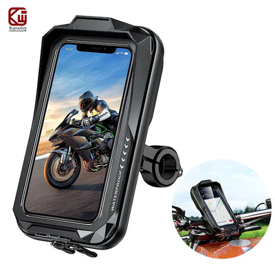 Waterproof motorcycle phone holder with handlebar mount for bikes & scooters.