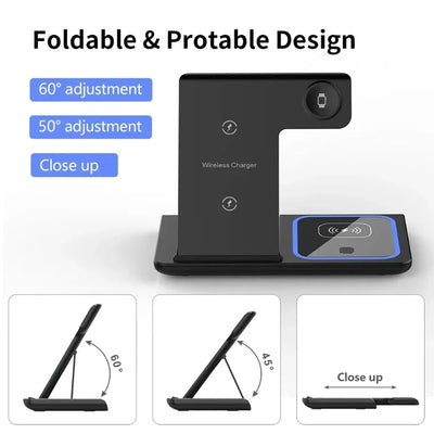 3 in 1 Desktop Wireless Charger Foldable Fast Phone Charge Station For iPhone 16 15 14 13 12 Apple Watch 10/9/8/7/6 AirPods 3/2