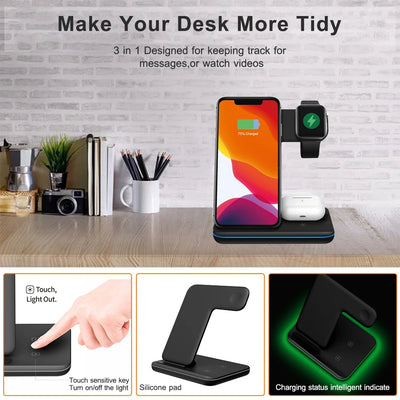 3 in 1 Multifunctional Wireless Charger Stand For iPhone 14 13 Pro Max Airpods AppleWatch Charger Dock 15W Fast Charging Station