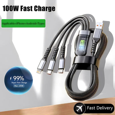 100W fast charging 3-in-1 cable with Type-C, Micro USB & Lightning adapter.