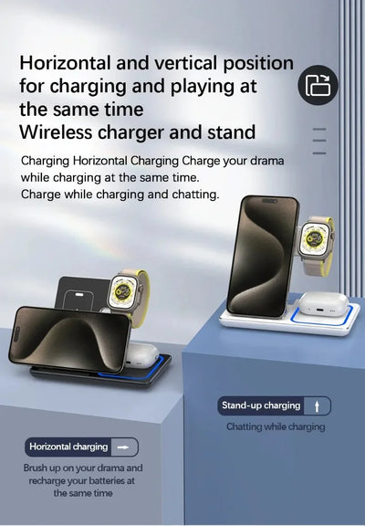 3 in 1 Desktop Wireless Charger Foldable Fast Phone Charge Station For iPhone 16 15 14 13 12 Apple Watch 10/9/8/7/6 AirPods 3/2