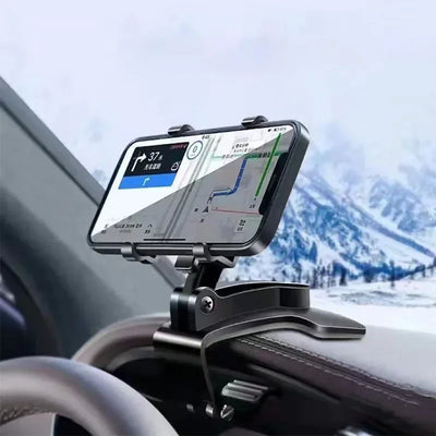 Multi-function car phone holder mounts to rearview mirror or dashboard.