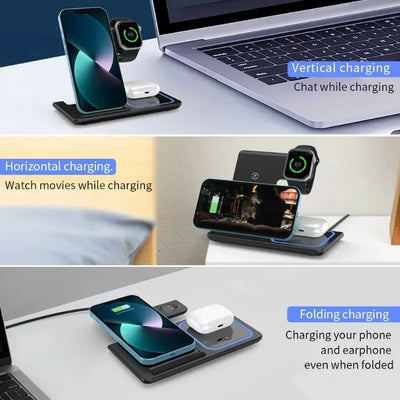 3 in 1 Desktop Wireless Charger Foldable Fast Phone Charge Station For iPhone 16 15 14 13 12 Apple Watch 10/9/8/7/6 AirPods 3/2