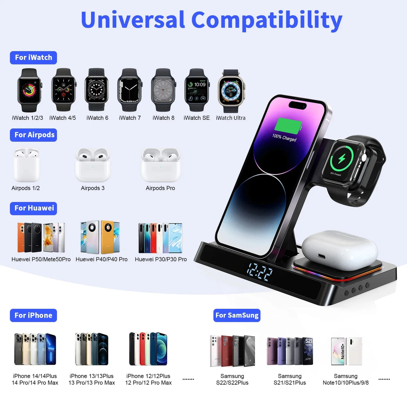 4 in 1 Foldable Wireless Charger Stand For IPhone 15 14 13 12 for Apple Watch 9 8 Airpods Pro iWatch Fast Charging Dock Station