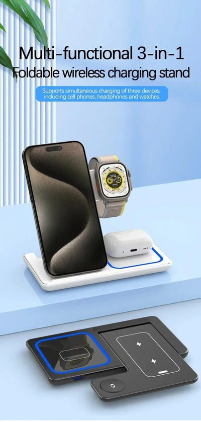 3 in 1 Desktop Wireless Charger Foldable Fast Phone Charge Station For iPhone 16 15 14 13 12 Apple Watch 10/9/8/7/6 AirPods 3/2