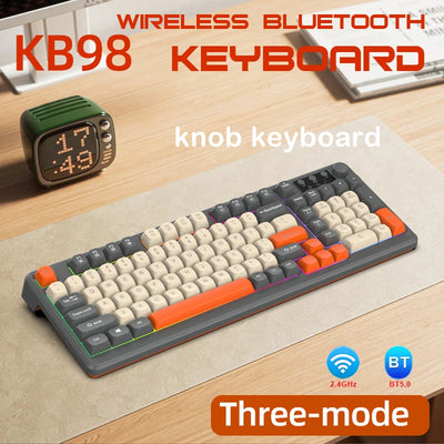 KB98 wireless gaming keyboard with tri-mode, RGB backlight, and knob.